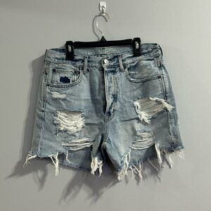 American Eagle Outfitters High Waisted Ripped Jean Shorts - Light Blue